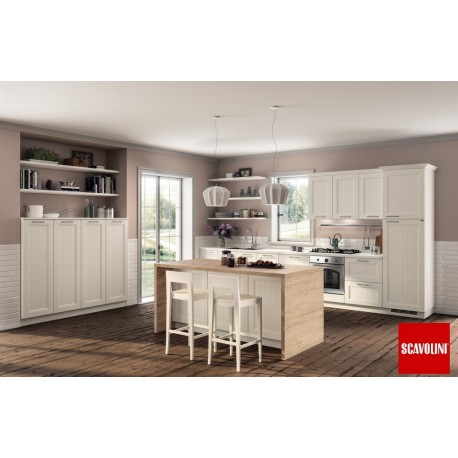 CUCINA MODELLO COLONY CON LAVASTOVIGLIE COMPOSIZIONE C06 MTL. 3,45 VERSIONE DX - SX ANTE LACCATE OPACO BIANCO / SABBIA DOGATE