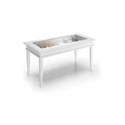 TAVOLINO RETTANGOLARE MODELLO MOZART PIANO IN  VETRO CON BAKEKA IN LEGNO MASSELLO DI FAGGIO LACCATO BIANCO  OPACO