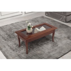 TAVOLINO RETTANGOLARE MODELLO MOZART PIANO IN VETRO CON BAKEKA IN LEGNO MASSELLO DI FAGGIO  TINTO NOCE