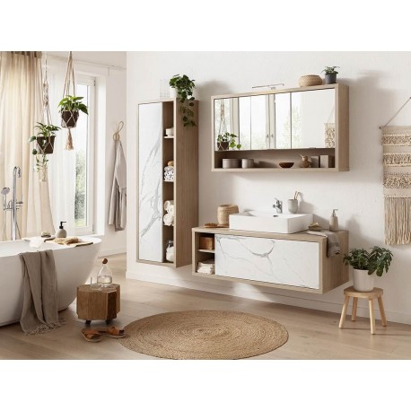 MOBILE BAGNO COMPLETO DI COLONNA - PENSILE SPECCHIERA 3 ANTE + LED - BASE CASSETTO + LAVABO IN CERAMICA + RUBINETTO MISCELATORE