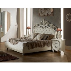 LETTO MATRIMONIALE ANGELICA CON CONTENITORE IN ECOPELLE BIANCO ED INTARSI  LACCATO BIANCO