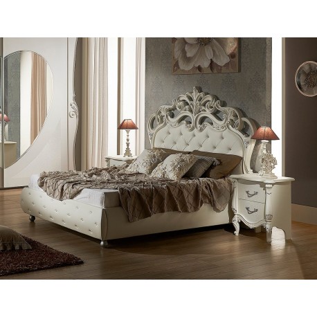 LETTO MATRIMONIALE ANGELICA CON CONTENITORE IN ECOPELLE ED INTARSI