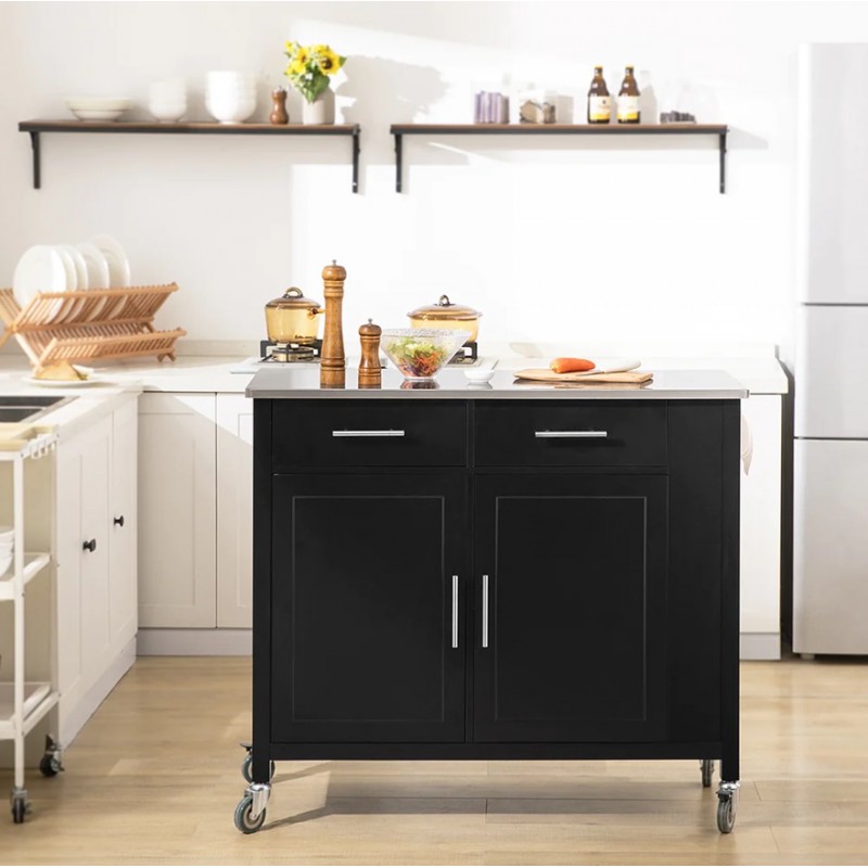 CARRELLO DA CUCINA YORK 2 ANTE + 2 CASSETTI + RIPIANO LATERALE LACCATO NERO  CON PIANO IN ACCIAIO INOX ART. FKW108SCH