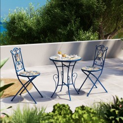 SET BISTROT MODELLO VIETRI 3 PZ IN ACCIAIO VERNICIATO E FOSFATATO COLORE BLU DECORATO CON CERAMICA IN STILE VIETRESE