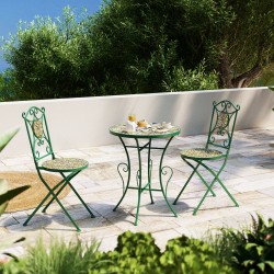 SET BISTROT MODELLO POSITANO 3 PZ IN ACCIAIO VERNICIATO E FOSFATATO COLORE VERDE DECORATO CON CERAMICA IN STILE POSITANESE