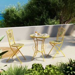 SET BISTROT MODELLO SORRENTO 3 PZ IN ACCIAIO VERNICIATO E FOSFATATO COLORE GIALLO DECORATO CON CERAMICA IN STILE AMALFITANA