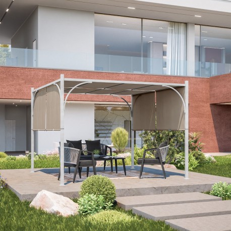 GAZEBO / PERGOLA  IN ALLUMINIO E ACCIAIO VERNICIATO BIANCO  3 X 3 METRI  CON TETTO SCORREVOLE  ECRU'