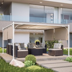 GAZEBO / PERGOLA  IN ALLUMINIO E ACCIAIO VERNICIATO BIANCO 4 X 4 METRI  CON TETTO SCORREVOLE ECRU'