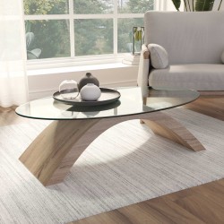 TAVOLINO DA SALOTTO MODELLO BROOKLY  BASAMENTO IN FIBRA DI LEGNO ROVERE PIANO CON  VETRO TEMPERATO