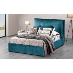 LETTO 1 PIAZZA E MEZZA MODELLO CUBA IN TESSUTO VELLUTO COLORE BLU OTTANIO CON CONTENITORE TESTIERA IMBOTTITA