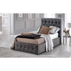 LETTO SINGOLO MODELLO ZEUS IN TESSUTO NABUK GRIGIO ANTRACITE CON CONTENITORE TESTIERA IMBOTTITA