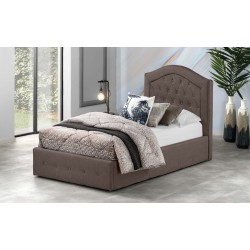 LETTO SINGOLO MODELLO POSEIDONE IN TESSUTO NABUK COLORE FANGO CON CONTENITORE TESTIERA IMBOTTITA