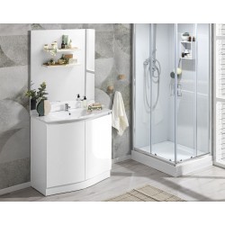 MOBILE BAGNO COMPONIBILE MODELLO SMART CON 2 ANTE CURVE MANIGLIA A GOLA-LAVABO IN CERAMICA-SPECCHIO-FINITURA LACCATO BIANCO