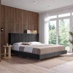 LETTO MATRIMONIALE MODELLO UTOPIA CON RIVESTIMENTO IN VELLUTO NERO CON PIEDINI IN METALLO FINITURA  ROSA ORO