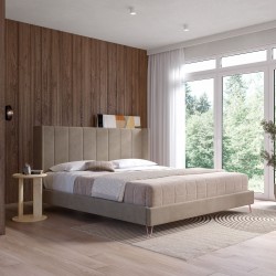 LETTO MATRIMONIALE MODELLO UTOPIA CON RIVESTIMENTO IN VELLUTO TORTORA CON PIEDINI IN METALLO FINITURA  ROSA ORO