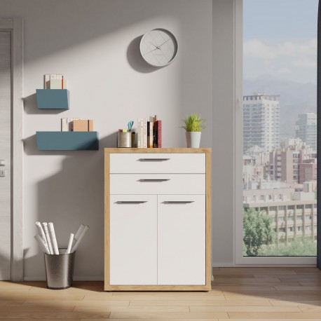 MADIA MODELLO ISTANBUL STRUTTURA ROVERE CHIARO CON 2 ANTE E 2 CASSETTI LACCATO BIANCO LUCIDO