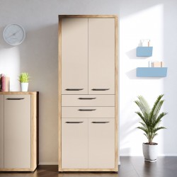 LIBRERIA ALTA MODELLO ISTANBUL STRUTTURA ROVERE SONOMA 4 RIPIANI CON 4 ANTE FRONTALI E 2 CASSETTI CENTRALI LACCATO BIANCO LUCIDO