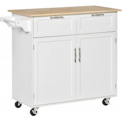 CARRELLO ISOLA IN LEGNO  PER CUCINA CON 2 CASSETTI E 2 ANTE BATTENTI DOGHETTATE FINITURA LACCATO BIANCO
