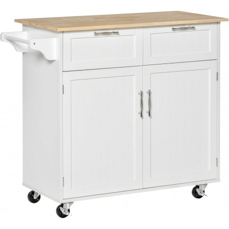 CARRELLO ISOLA IN LEGNO  PER CUCINA CON 2 CASSETTI E 2 ANTE BATTENTI DOGHETTATE FINITURA LACCATO BIANCO