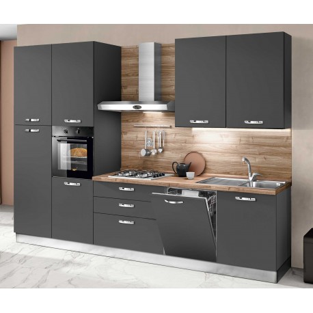 CUCINA MODELLO SIRIO FINITURA NERO LAVA OPACO MANIGLIE INOX INCLUSA LAVASTOVIGLIE DA 60 INCASSO VERSIONE CON FRIGO A  SINISTRA