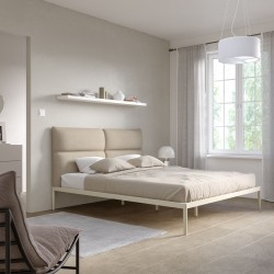 LETTO MATRIMONIALE MODELLO ZHURIC TESTIERA IMBOTTITA STRUTTURA IN ACCIAIO GALVANIZZATO FINITURA BEIGE