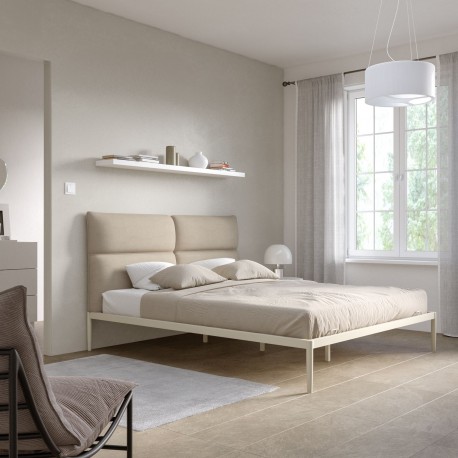 LETTO MATRIMONIALE MODELLO ZHURIC TESTIERA IMBOTTITA STRUTTURA IN ACCIAIO GALVANIZZATO FINITURA BEIGE