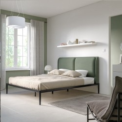 LETTO MATRIMONIALE MODELLO LOUVRE TESTIERA IMBOTTITA IN TESSUTO VERDE MENTA STRUTTURA IN ACCIAIO GALVANIZZATO FINITURA NERO