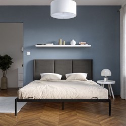 LETTO MATRIMONIALE MODELLO LOLLIS TESTIERA IMBOTTITA IN TESSUTO GRIGIO ANTRACITE STRUTTURA IN ACCIAIO GALVANIZZATO FINITURA NERO