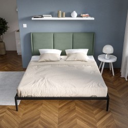 LETTO MATRIMONIALE MODELLO LOLLIS TESTIERA IMBOTTITA IN TESSUTO VERDE MENTA STRUTTURA IN ACCIAIO GALVANIZZATO FINITURA NERO