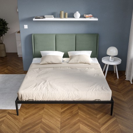 LETTO MATRIMONIALE MODELLO LOLLIS TESTIERA IMBOTTITA IN TESSUTO VERDE MENTA STRUTTURA IN ACCIAIO GALVANIZZATO FINITURA NERO
