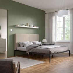 LETTO MATRIMONIALE MODELLO KELVIN TESTIERA IMBOTTITA IN TESSUTO COLORE  SABBIA STRUTTURA IN ACCIAIO GALVANIZZATO FINITURA NERO