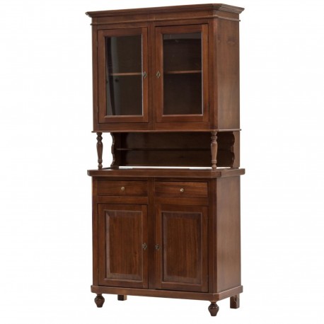 CREDENZA CLASSICA NAPOLETANA  IN LEGNO MASSELLO TINTO NOCE COMPOSTA DA ALZATA 2 ANTE VETRI  BASE 2 ANTE CHIUSE  2 CASSETTI
