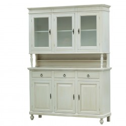CREDENZA CLASSICA NAPOLETANA  IN LEGNO MASSELLO LACCATO BIANCO DECAPEE' CON ALZATA 3 ANTE VETRI  BASE 3 ANTE CHIUSE E 3 CASSETTI