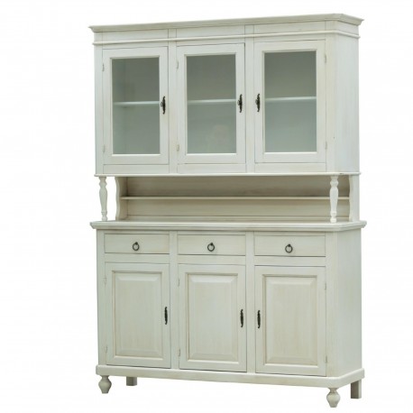 CREDENZA CLASSICA NAPOLETANA  IN LEGNO MASSELLO LACCATO BIANCO DECAPEE' CON ALZATA 3 ANTE VETRI  BASE 3 ANTE CHIUSE E 3 CASSETTI