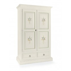 ARMADIO VENETO IN LEGNO MASSELLO 2 ANTE BATTENTI CON 2 CASSETTI FINITURA BIANCO CON SERIGRAFIA VERDE
