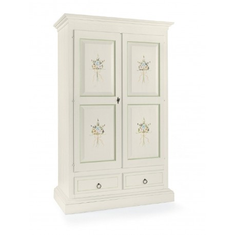 ARMADIO  VENETO IN LEGNO MASSELLO 2 ANTE BATTENTI CON 2 CASSETTI FINITURA BIANCO CON SERIGRAFIA VERDE