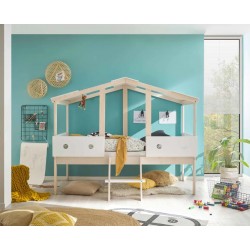LETTINO PER BAMBINI MODELLO BEGADINO A FORMA DI CASA IN LEGNO MASSELLO BIANCO COMPLETO DI MATERASSO  90 X 200 