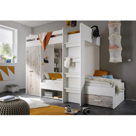 CAMERETTA COMPLETA CON 2 LETTI A CASTELLO FINITURA STRUTTURA IN LAMINATO BIANCO CON FRONTALI QUERCIA CHIARO