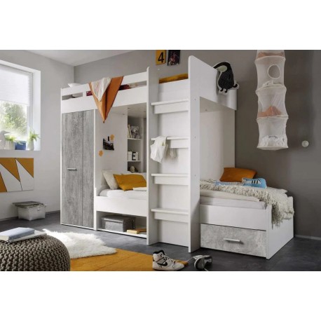 CAMERETTA COMPLETA CON 2 LETTI A CASTELLO FINITURA STRUTTURA IN LAMINATO BIANCO CON FRONTALI GRIGIO BETON