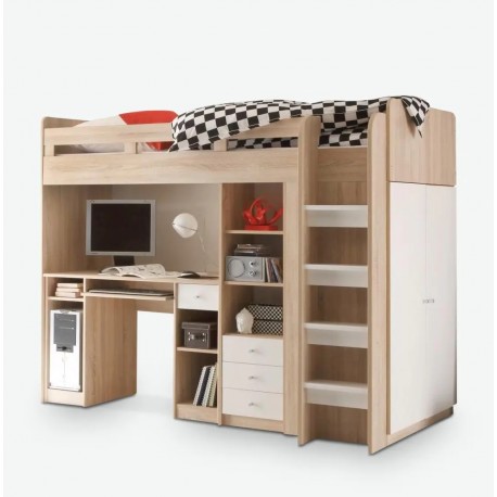 CAMERETTA SOPPALCO MULTIFUNZIONE CON LETTO E SCRIVANIA INTEGRATI STRUTTURA FINITURAQUERCIA CHIARO FRONTALI BIANCO