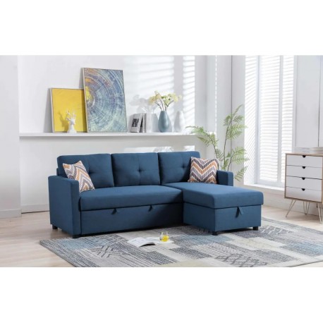 DIVANO LETTO ANGOLARE CON CONTENITORE MODELLO BEVERLY CON PENISOLA REVERSIBILE IN TESSUTO MICROFIBRA BLU SCURO