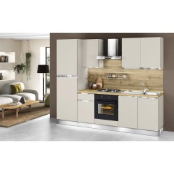 CUCINA BLOCCATA MODELLO LINE  CON MANIGLIA A GOLA FINITURA SABBIA OPACO VERSIONE FRIGO A SINISTRA
